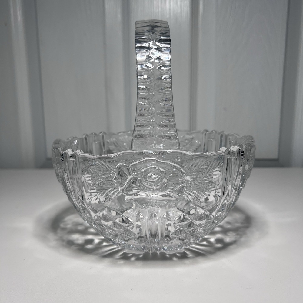 Vtg 24% Lead Crystal Basket Anna Hutte Bleikristall Germany  Pressed Rose Motif
